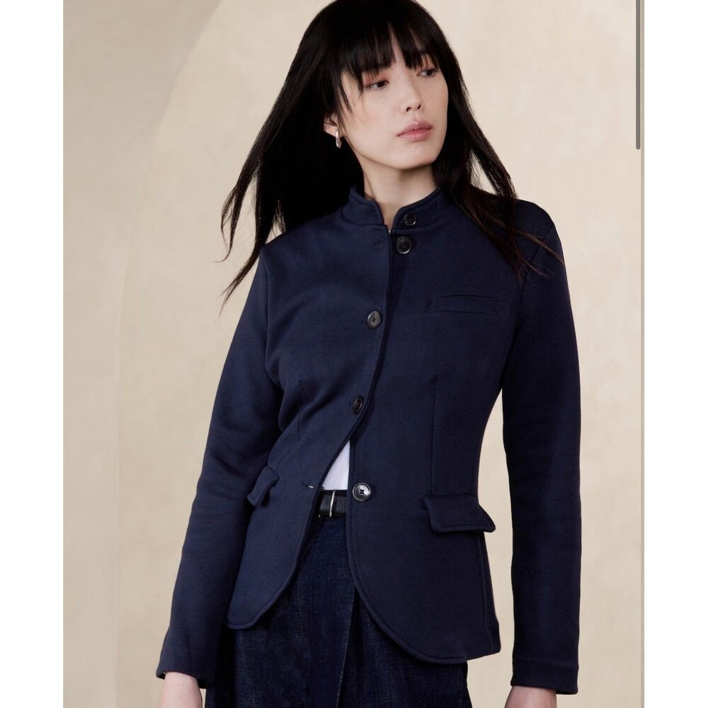 Banana Republic Womens Blue Pique Band Collar Blazer Casual Military Jacket NEW